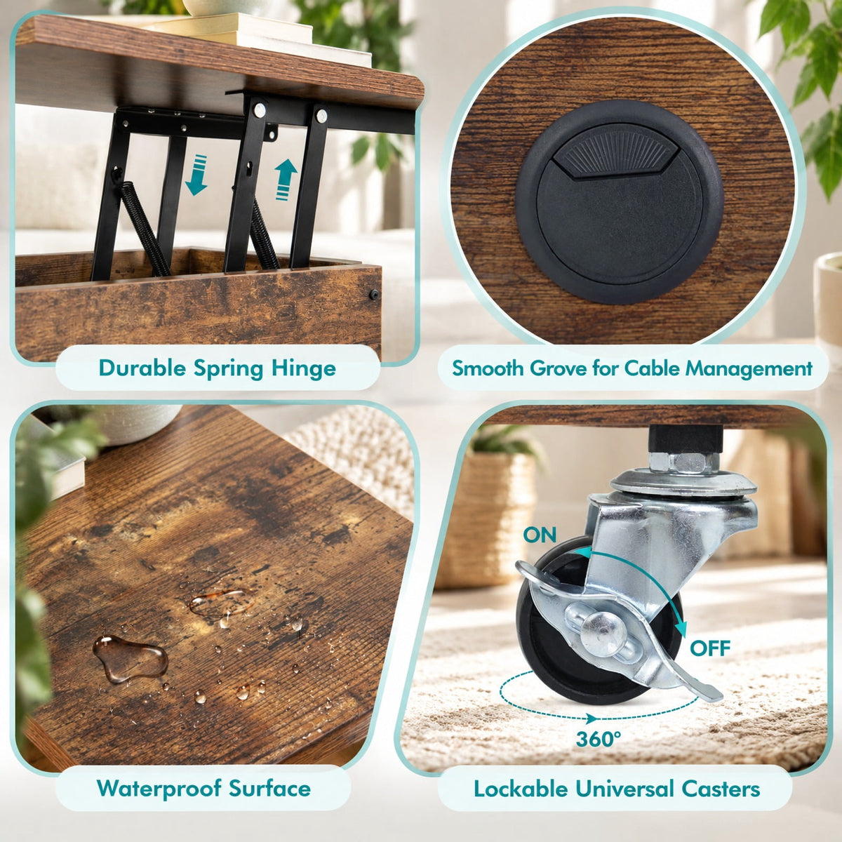 Airfind Lift Top End Table with Charging Station and Universal Wheels, 121 lbs Capacity, Engineered Wood Metal Frame, 24 x 9.5 x 25.5 Footprint