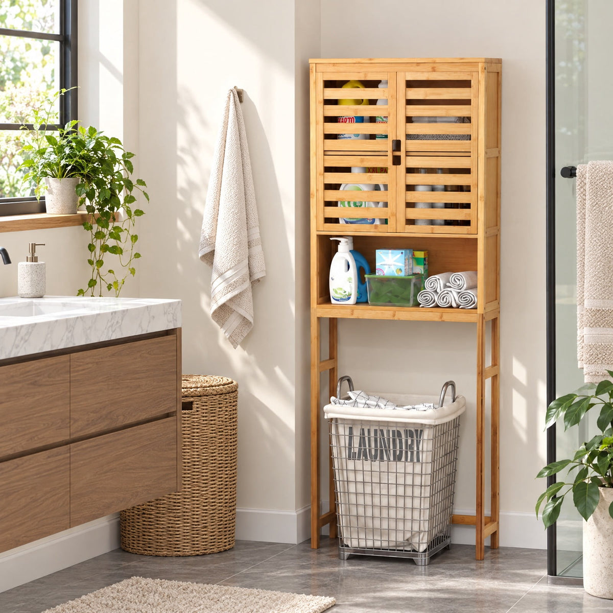 Airfind Bamboo Over The Toilet Storage Cabinet Bathroom with Adjustable Shelf, Bamboo MDF Frame, Natural