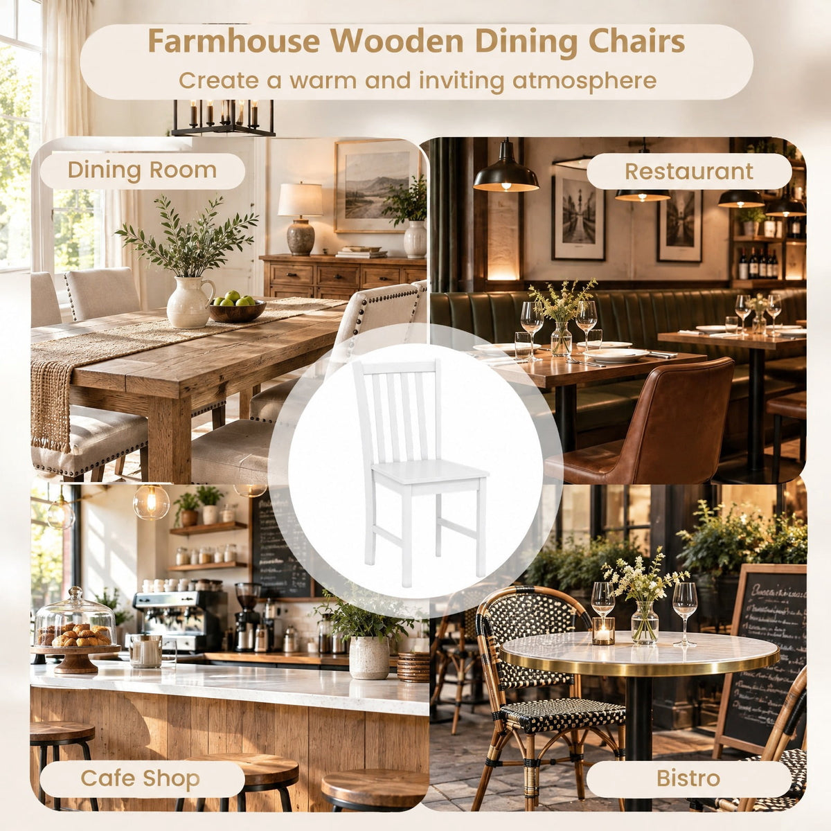 Airfind Rustic Dining Chairs Set of 2 Wooden Kitchen Chairs with Slat Tilt Backrest, Chair 330 lbs Capacity, Rubber Wood Frame, White