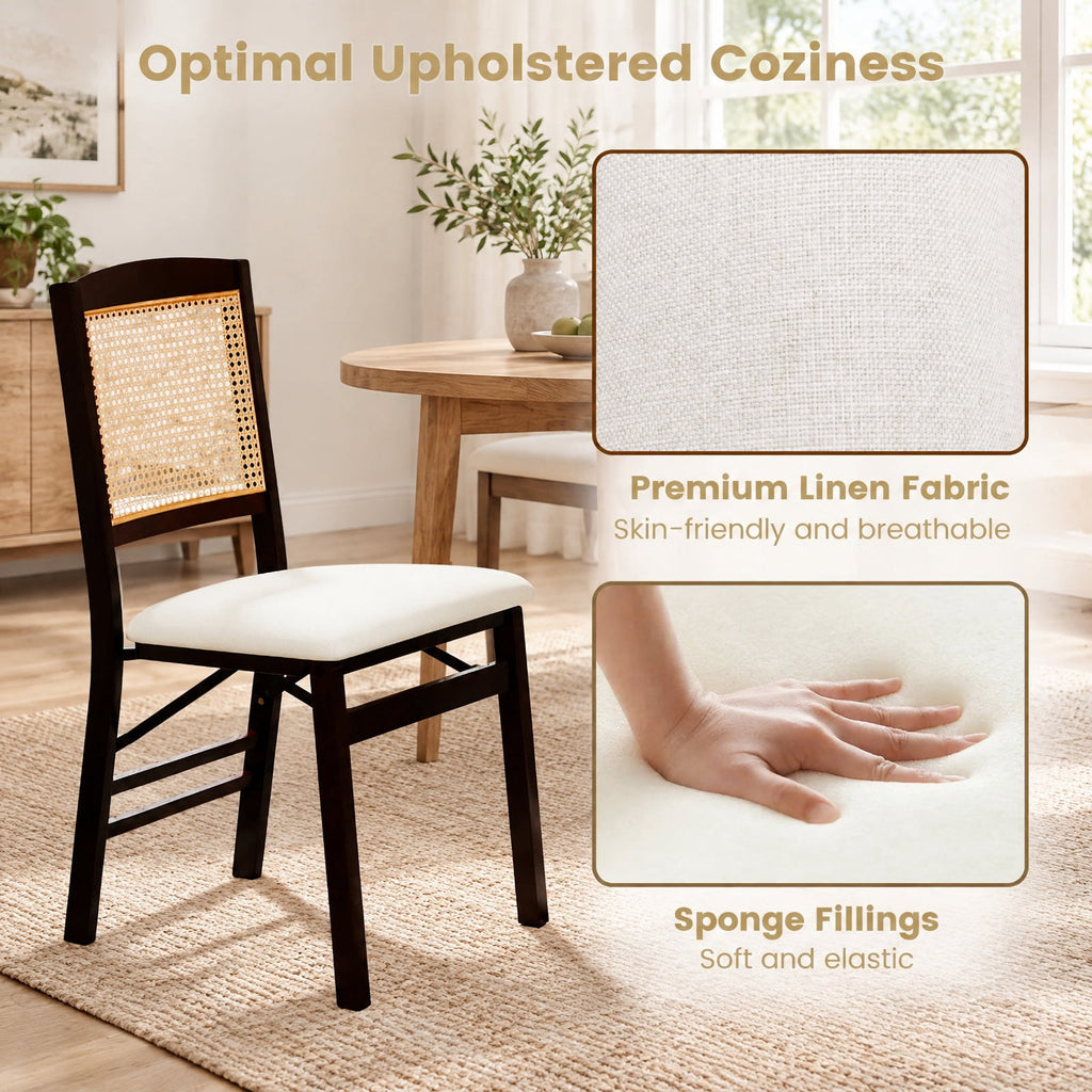 Airfind Folding Dining Chairs Set of 2 Rubber Wood Chairs with Linen Padded Seat, 400 lbs Capacity, Rubber Wood PE Rattan Linen Fabric Sponge Frame