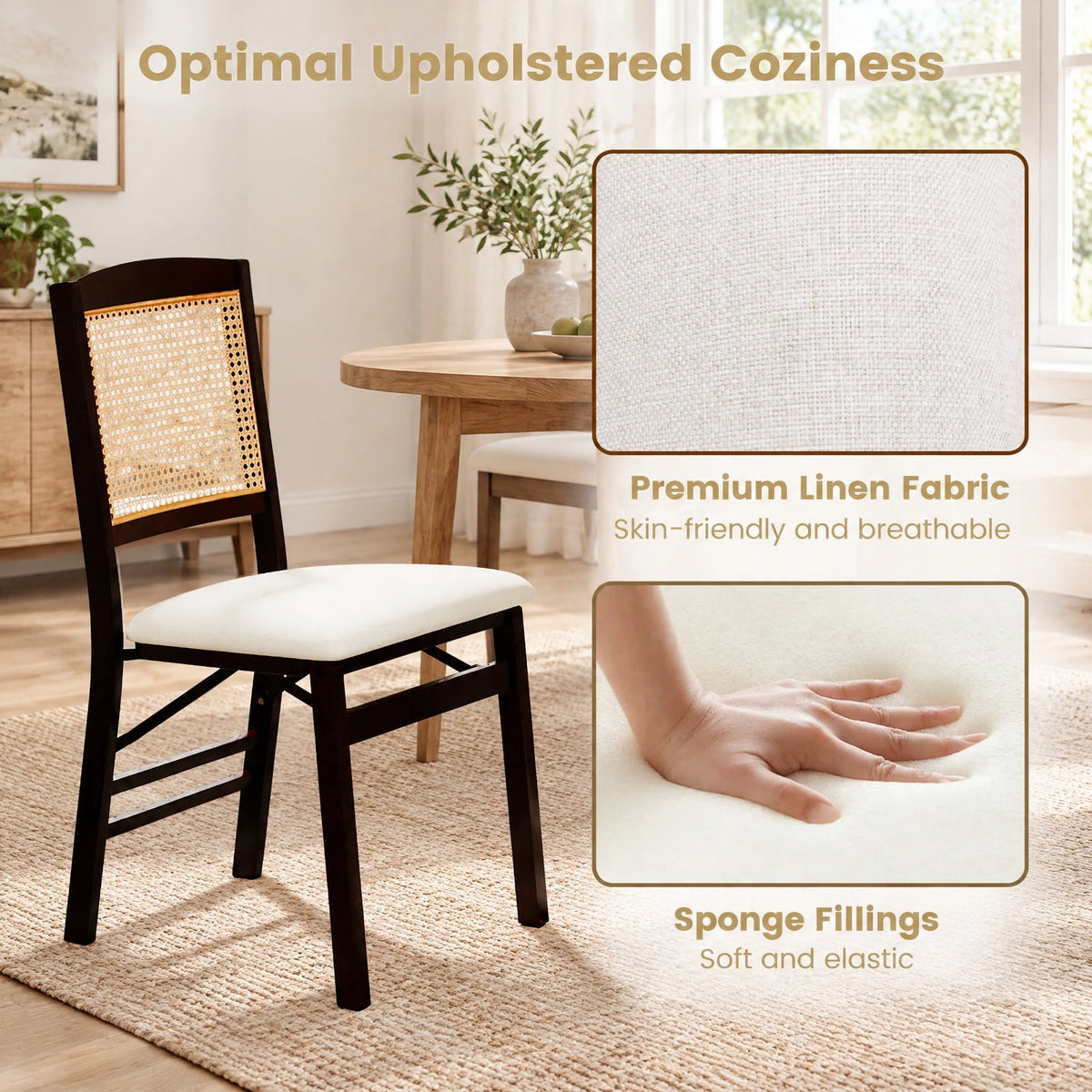 Airfind Folding Dining Chairs Set of 2 Rubber Wood Chairs with Linen Padded Seat, 400 lbs Capacity, Rubber Wood PE Rattan Linen Fabric Sponge Frame