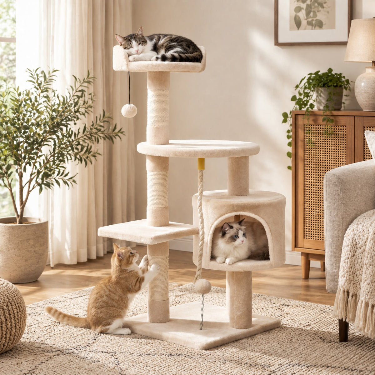 Airfind 36 Inch Tall Kitten Tower with Condo and Plush Perch, 22 Lbs Capacity, Engineered Wood Sponge Plush Fabric Sisal Base, Beige