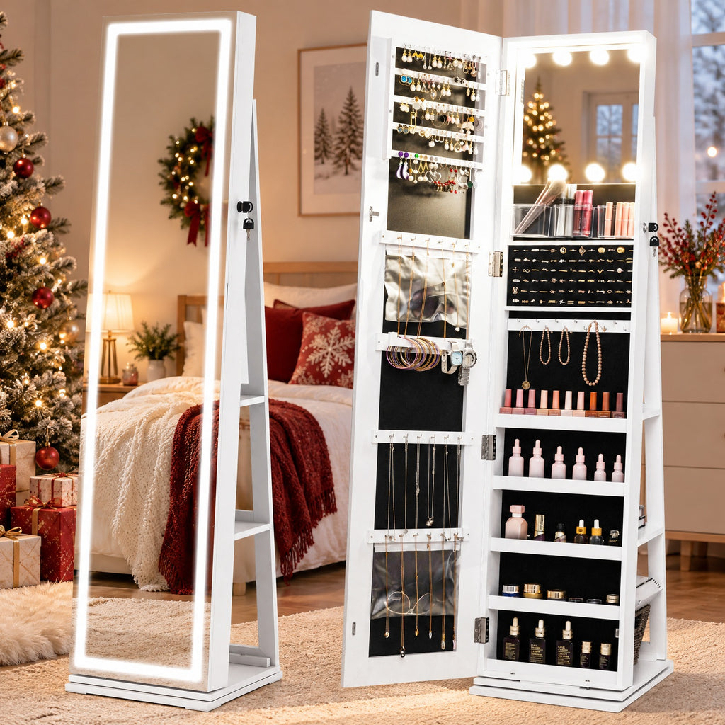 Airfind 360° Swivel Freestanding Jewelry Cabinet with Lighted Full Length Mirror, MDF Frame, White, Open storage shelves for easy reach
