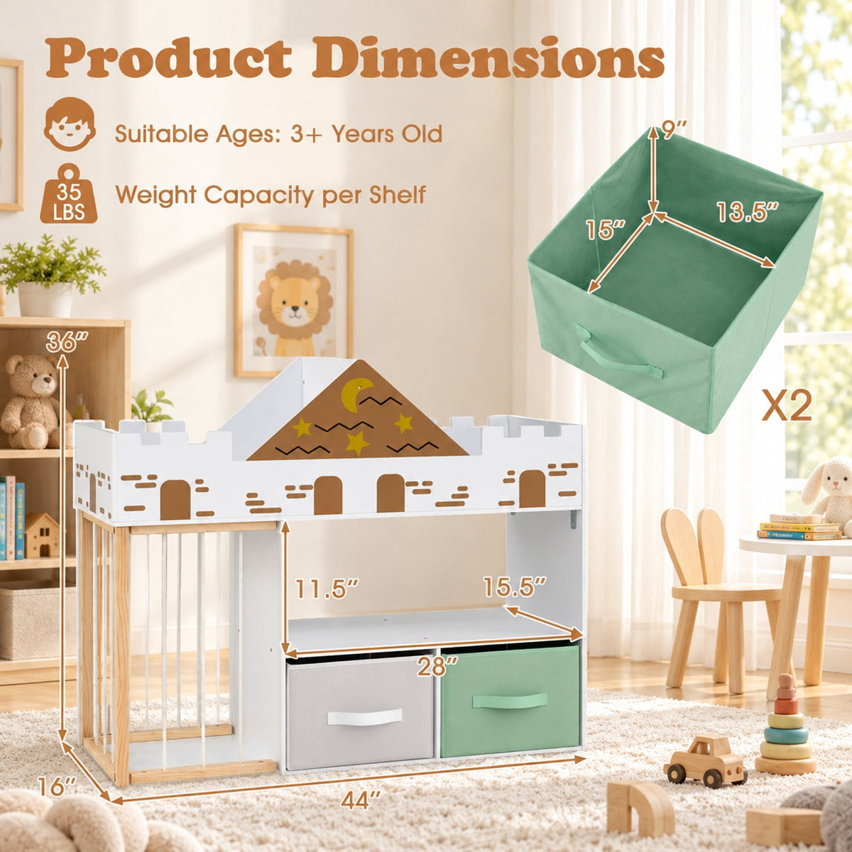 Airfind Toy Storage Organizer with Stuffed Animal Storage and Open Shelves, 35 lbs Capacity, Engineered Wood Pine Wood Cotton PP Frame, White
