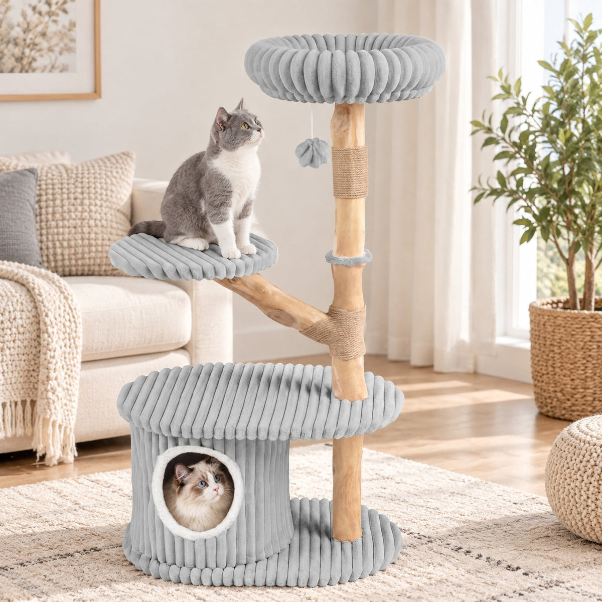 Airfind 41 Inch Tall Modern Cat Tower with Real Wood Branches Scratching Posts for Indoor, Gray, a distinctive shape and rich wood grain