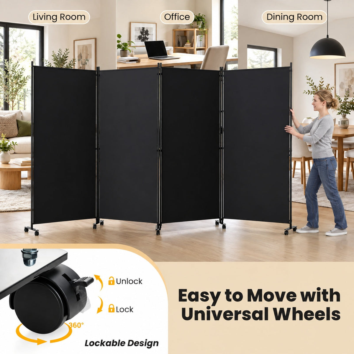 Airfind 4 Panel Folding Privacy Screen Room Divider with Wheels, Polyester Fabric Metal PP Frame, 137 x 12 x 71.5 Footprint, Black