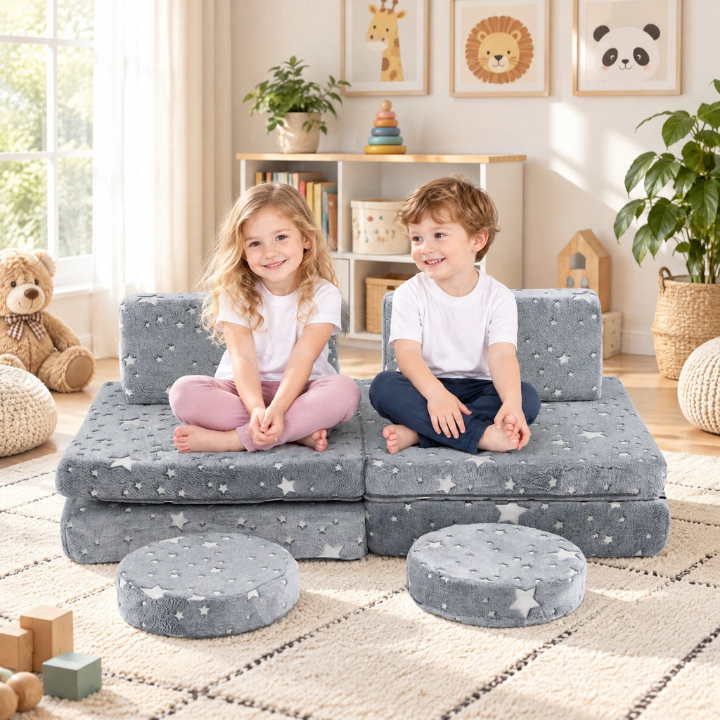 Airfind Modular Youth Play Couch Set Glow in the Dark with Portable Handles, Flannel Fabric Sponge, for 3 and Years Old, Gray