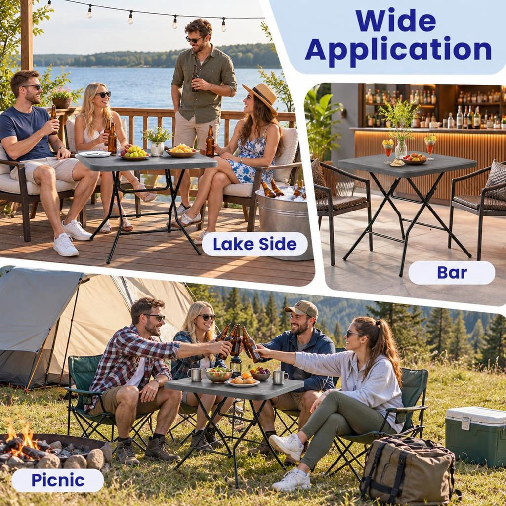 Airfind 2.6FT Foldable Dining Table with Wood Grain HDPE Tabletop and Non-slip Foot Pads, 110 lbs Capacity, HDPE Metal Frame, Black