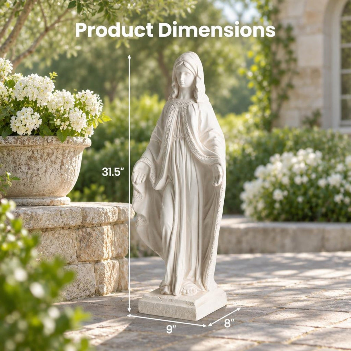 Airfind 31.5 Inch Virgin Mary Statue with Aged Finish for Yard Patio, Magnesium Oxide Fiber Filaments Frame, 8.5 x 8.5x 31.5 Footprint, White