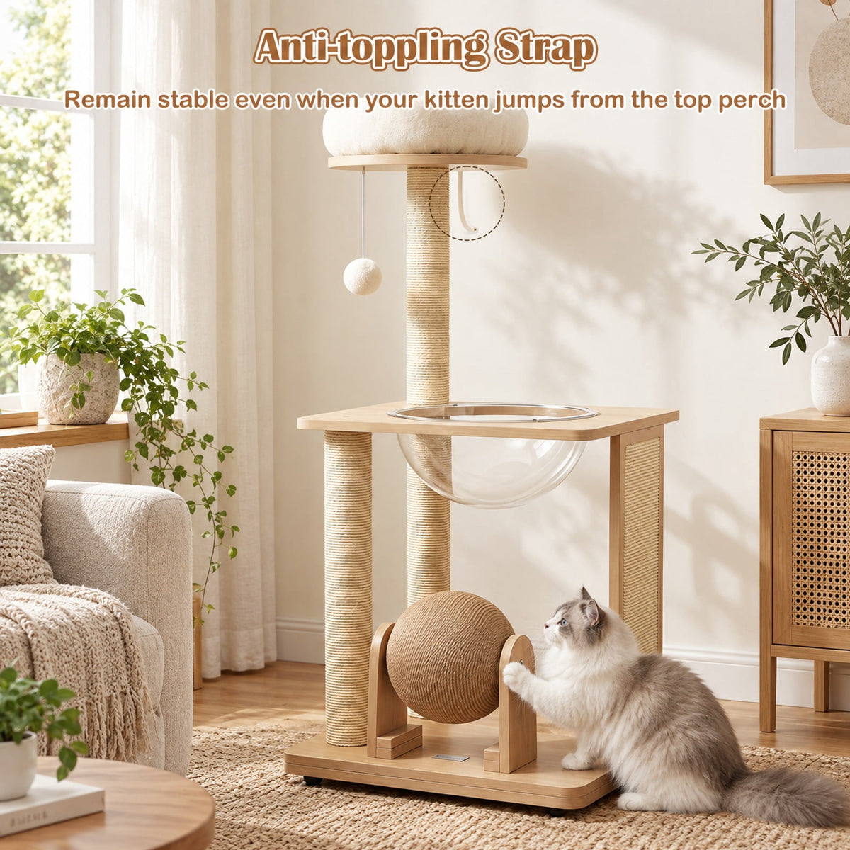 Airfind 40 Inch Solid Wood Cat Tree featuring Space Capsule and Sisal Posts and Scratching Board, 23.5 Inch x 21 Inch x 40 InchBase Footprint, Natural