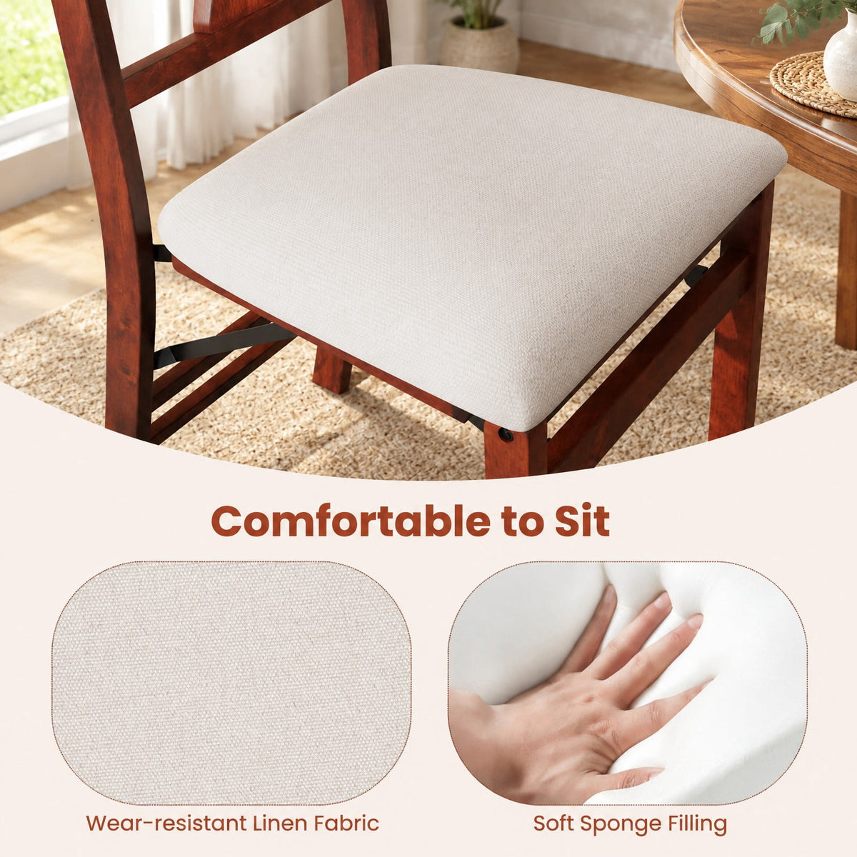 Airfind Folding Chairs Set of 2 Upholstered Dining Chairs with Comfy Padded Seats, 375 lbs Capacity, Rubber Wood Plywood Linen Fabric Sponge Frame