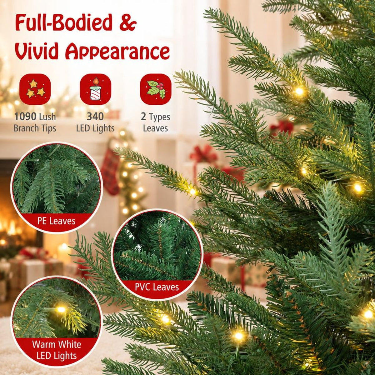 Airfind Pre-lit Artificial Christmas Tree 8 Ft featuring 1480 PVC and PE Branch Tips, Hinged Sections and Metal Stand for Everyday Home Use, Green