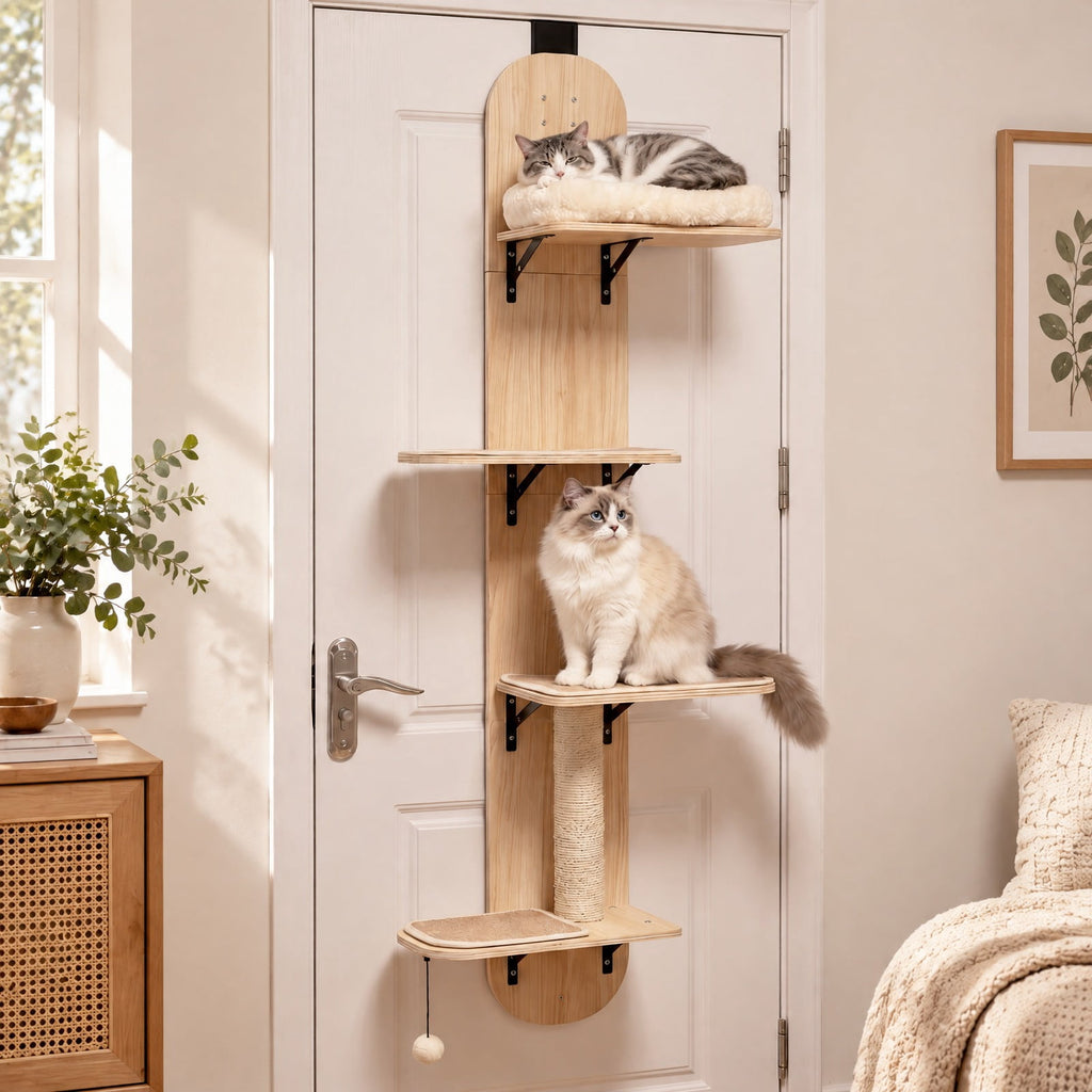 Airfind Door Hanging Cat Climber 4-level Height Adjustable with Plush Bed, 11 lbs Capacity, Solid Plywood Jute Rope Plush Fabric Frame, Beige