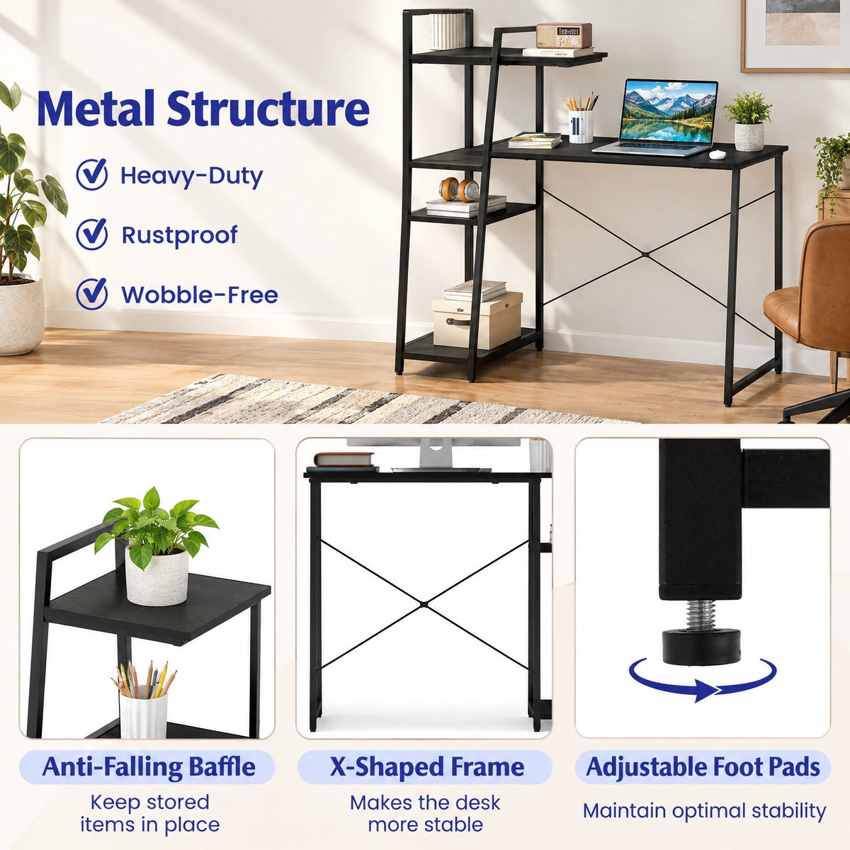 Airfind Computer Desk with Shelves and 3-Tier Storage Bookshelf, Metal Engineered Wood Frame, 39.5 x 20 x 47.5 Footprint, Black
