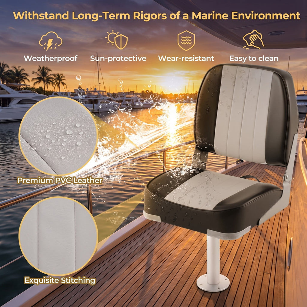 Airfind Folding Low Back Boat Seats 2 Pack with Thick Sponge Cushion and Aluminum Hinges for Cabin Seating and Fishing Boats, Gray and Black