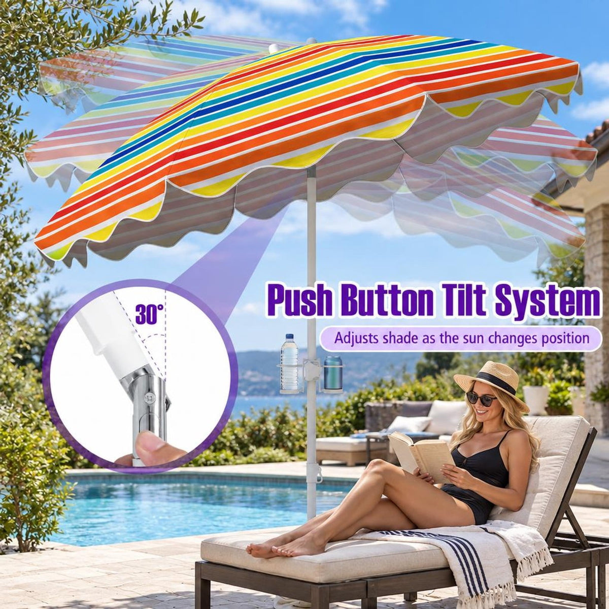 Airfind 6.5 FT Beach Umbrella UPF 50+ with Sand Anchor for Garden Pool, Polyester Fabric Metal Aluminum Alloy PP Frame, Blue Stripe