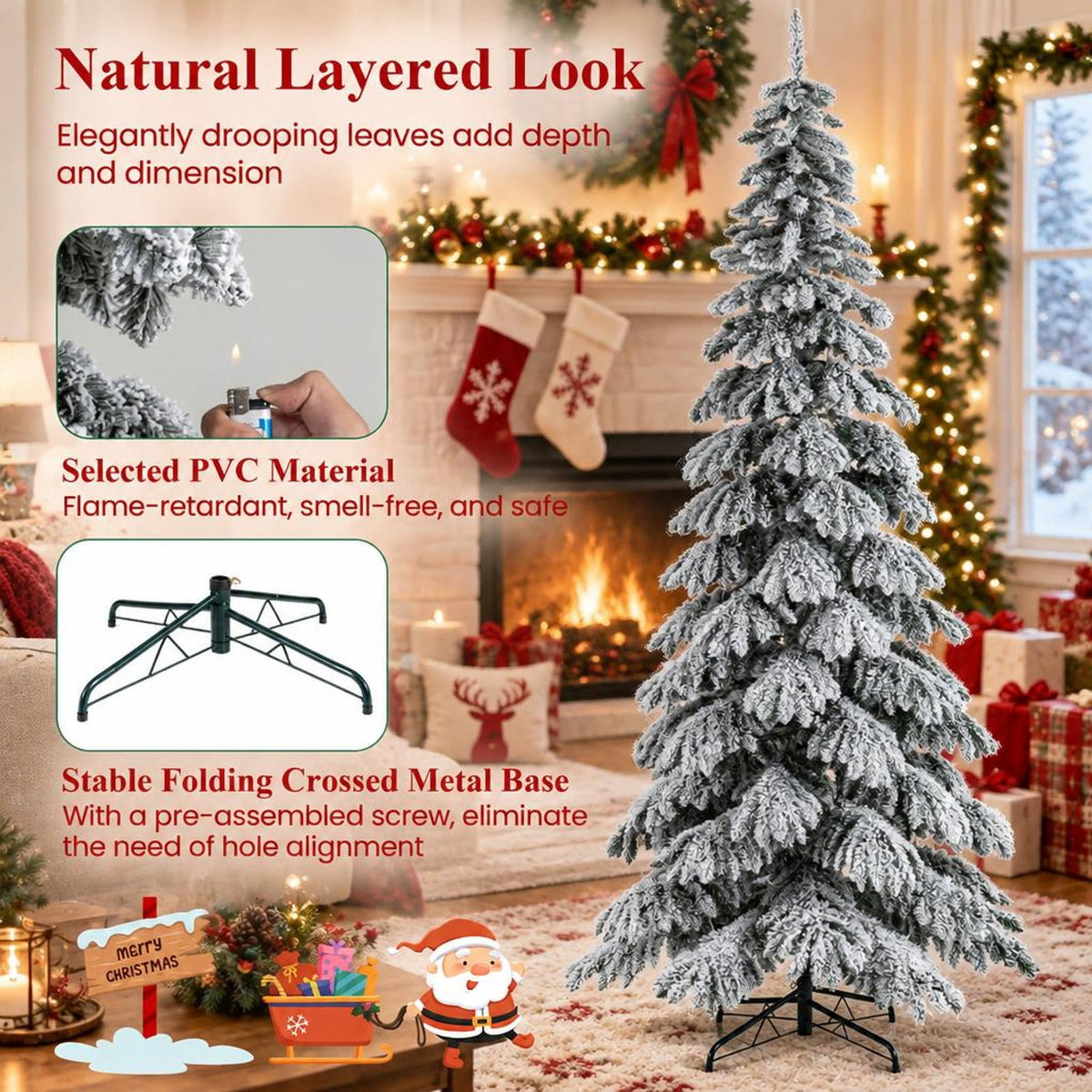 Airfind 9 Feet Pre-Lit Artificial Xmas Tree Hinged Xmas Tree with Quick Power Connectors, PVC Metal Frame, 4.4 x 9 ft Footprint, White