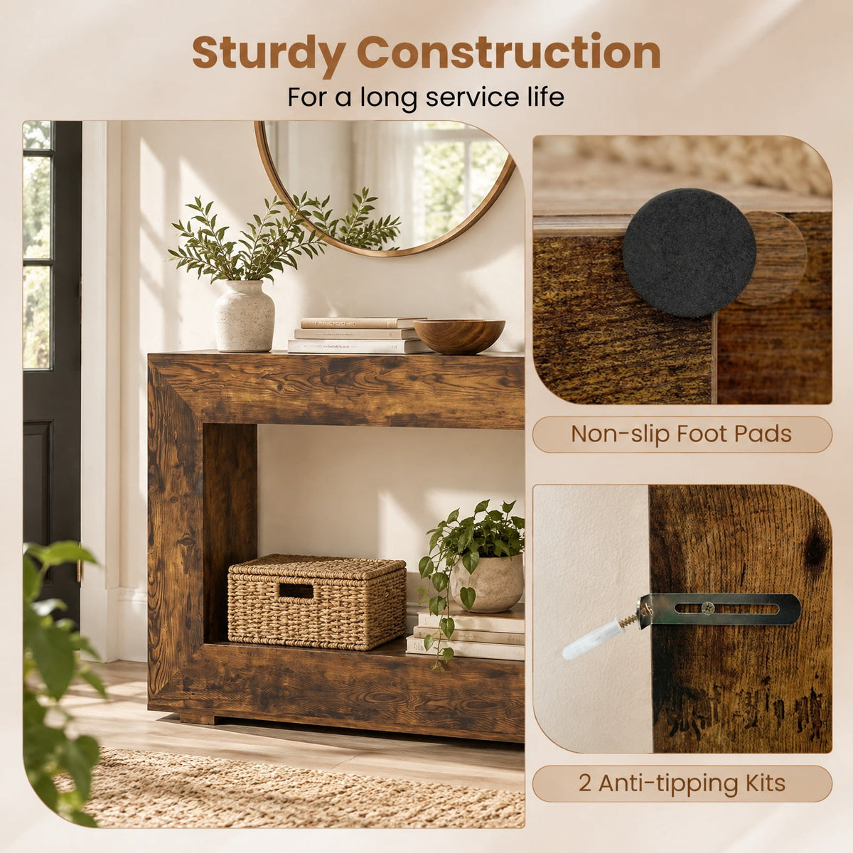 Airfind 47 Inch 2-Tier Farmhouse Console Table with Open Storage Shelf for Living Room, 47 Inch x 12 Inch x 33 Inch Middle Footprint, Brown