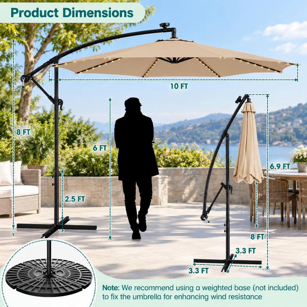 Airfind 10 Feet Patio Offset Umbrella with 112 Solar-Powered LED Lights, Polyester Fabric Metal Frame, 10 x 8 ft Footprint, Beige