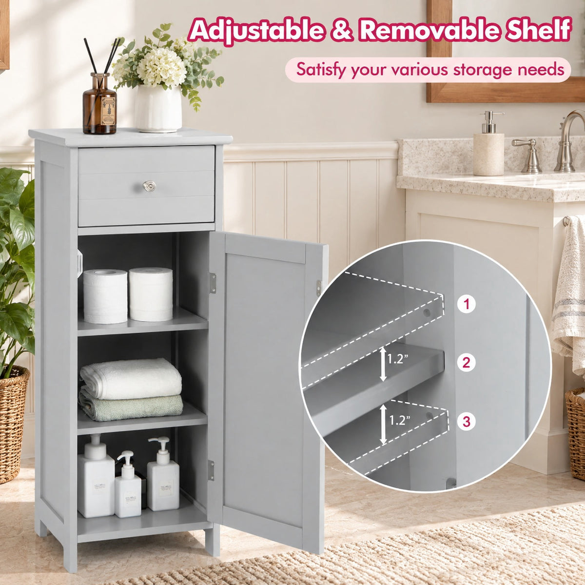 Airfind Wooden Bathroom Floor Storage Cabinet with Drawer and Shelf, 22 lbs Capacity, MDF Frame, 14 Inch x 12 Inch x 34.5 Inch Footprint, Gray