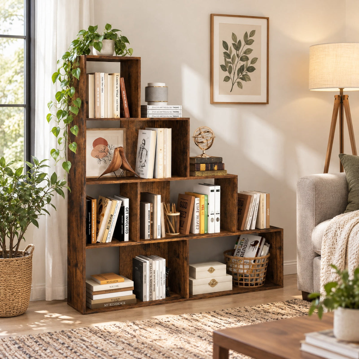 Airfind 4-Tier Stepped Bookshelf Freestanding Ladder Storage Shelf with 6 Cubes, 400 lbs Capacity, Engineered Wood Frame, 60in x 11in x 64in Footprint