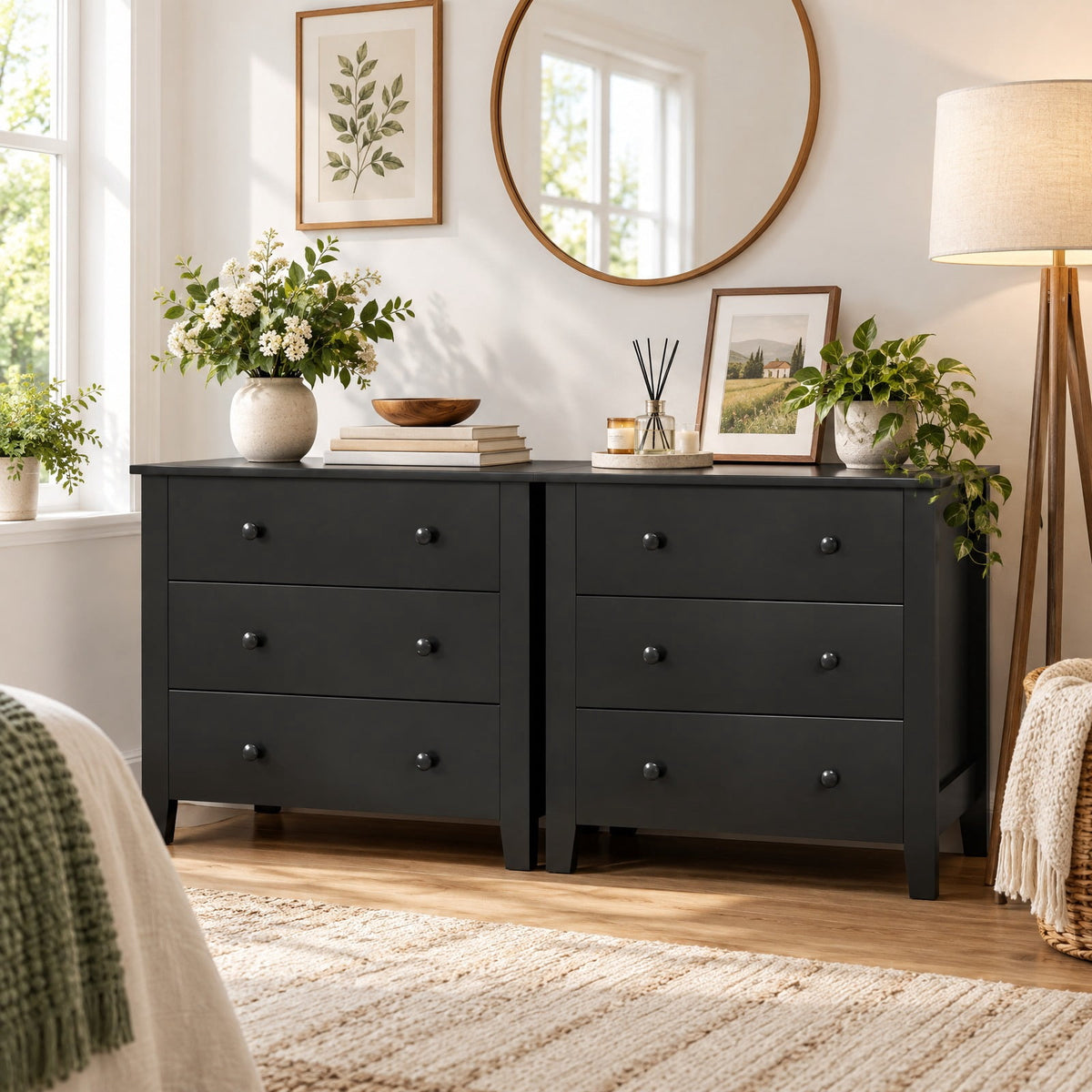 Airfind 3 Drawer Dresser Chest of Drawers Bedside Table-Black Wood Grain, MDF Frame, 28in x 18in x 26in Footprint, Dark Brown