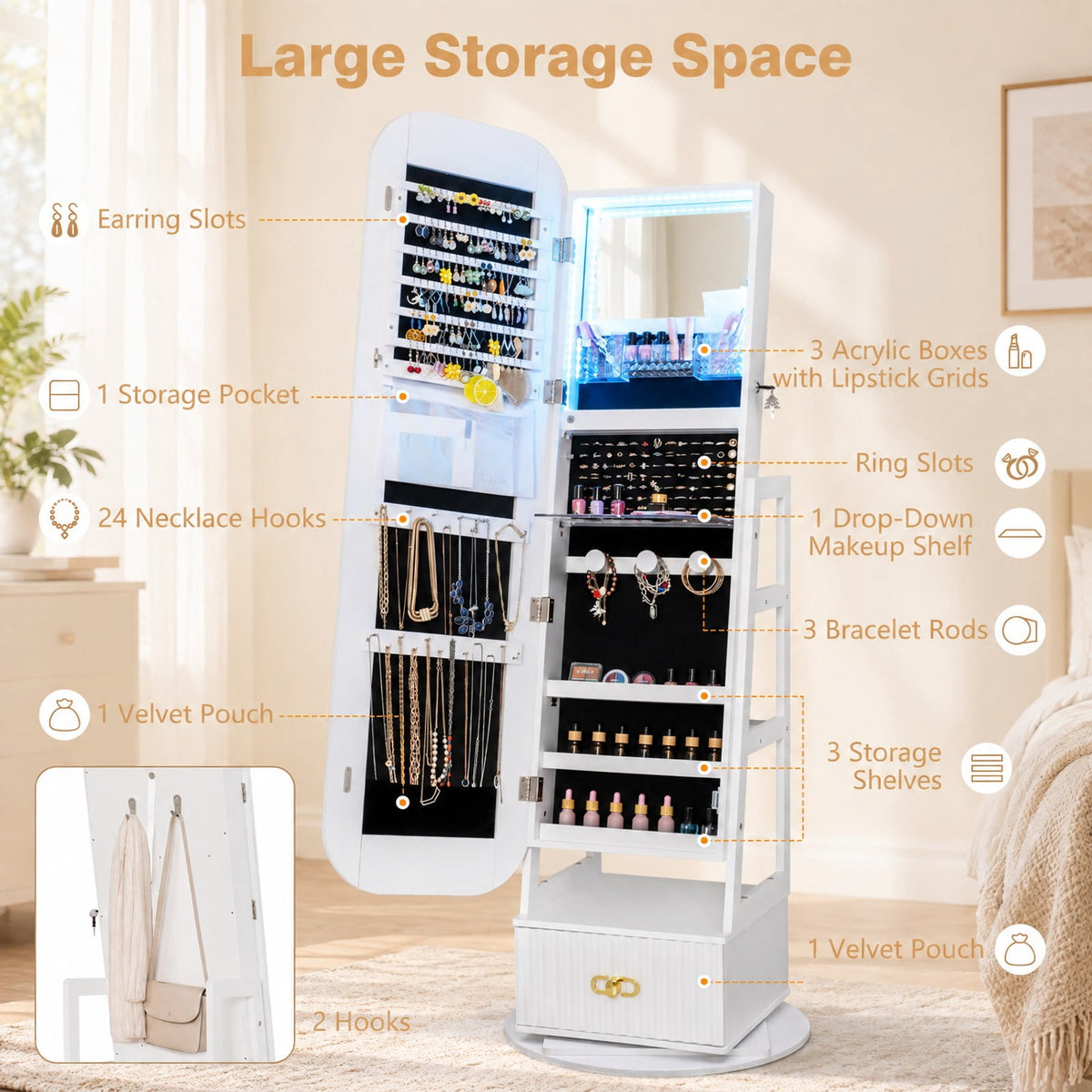 Airfind Swivel Jewelry Cabinet with Full-Length Mirror and LED Lights and Storage Shelves, Engineered Wood Frame, 22in x 22in x 65in Footprint, White