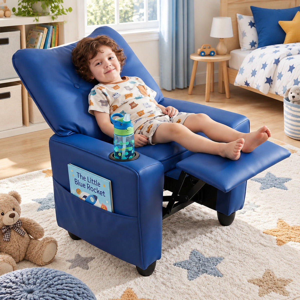 Airfind Youth Recliner featuring Cup Holder Armrests and Adjustable Backrest for Playroom, Wood Frame, 24 Inch x 21 Inch x 30 Inch Lying Footprint, Blue