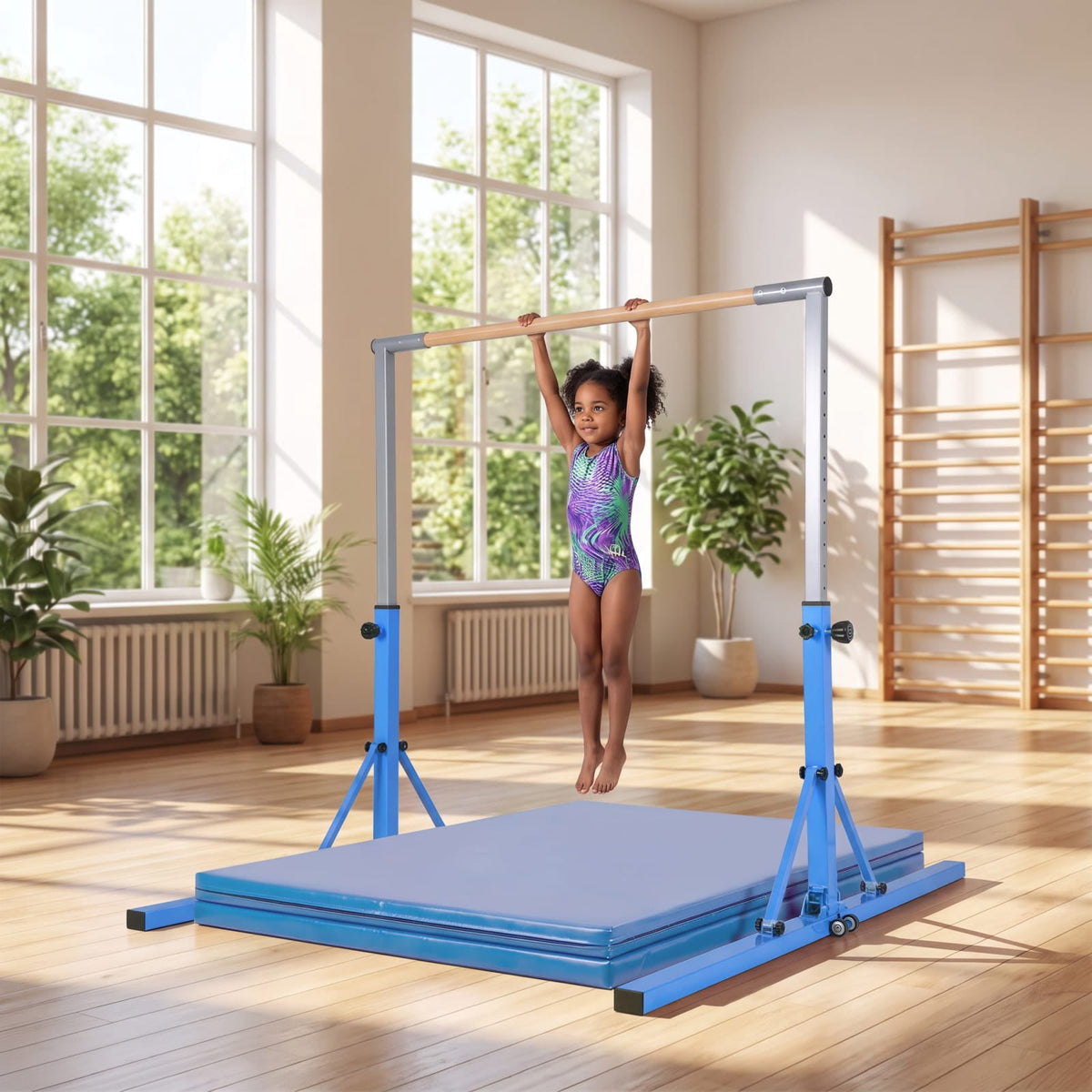Airfind Foldable Gymnastics Bar for Kids with 3 Level Adjustable Height and Bamboo Grip Bar for Home Balance and Coordination Training, Blue