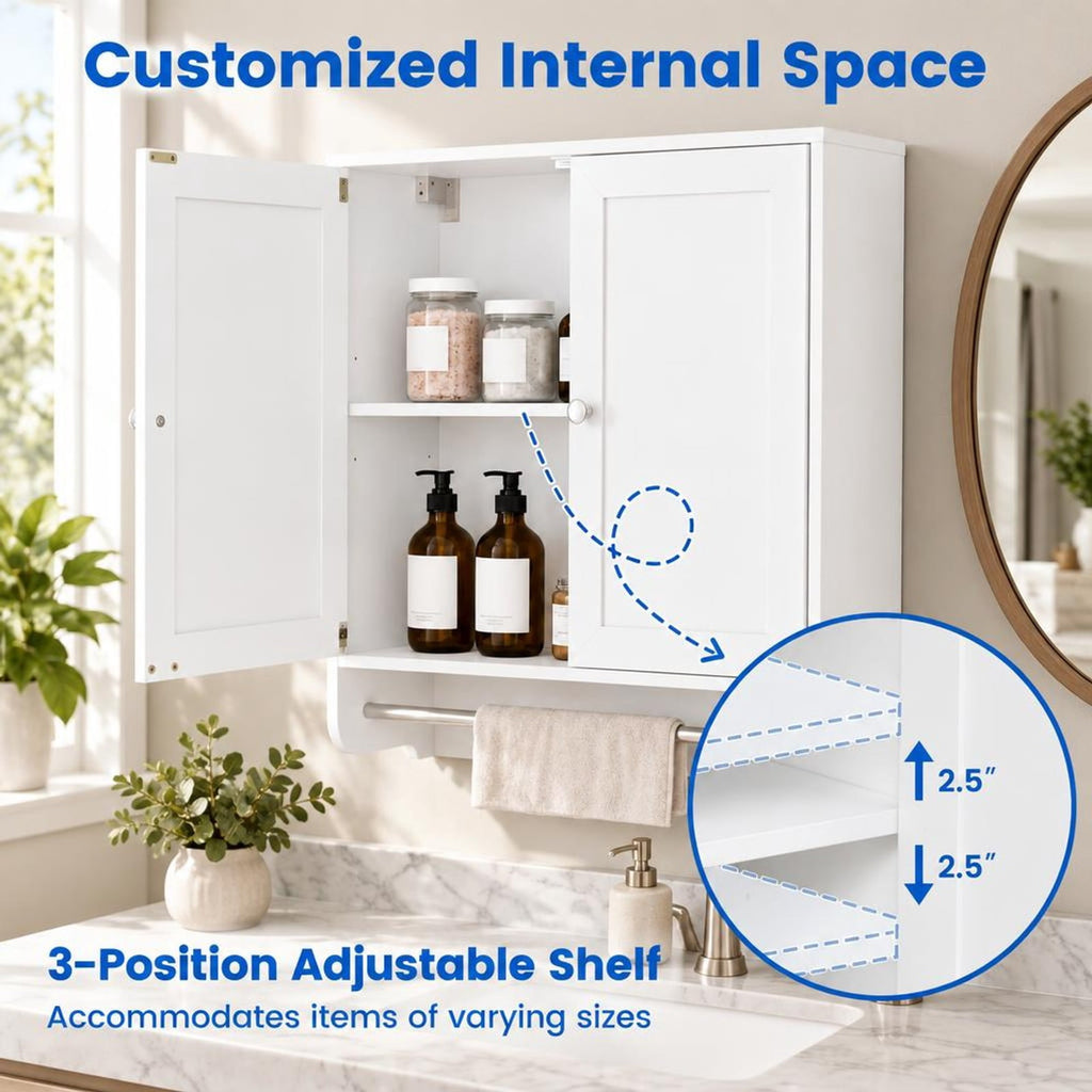 Airfind Wall Mounted Bathroom Storage Medicine Cabinet with Towel Bar, 100 lbs Capacity, Engineered Wood Frame, White