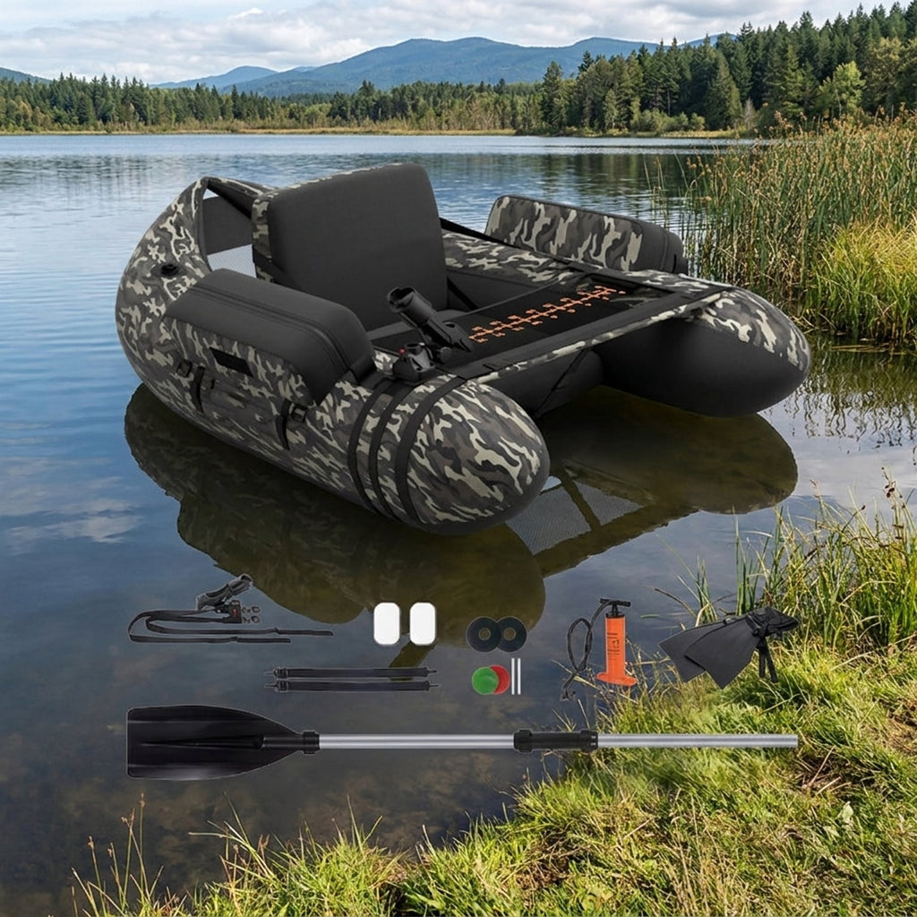 Airfind Inflatable Fishing Float Tube with 350 lb Capacity and Adjustable Shoulder Straps plus Storage Pockets and Foot Pump for Lake Pond River Bass Fly Fishing, Camouflage Multicolor