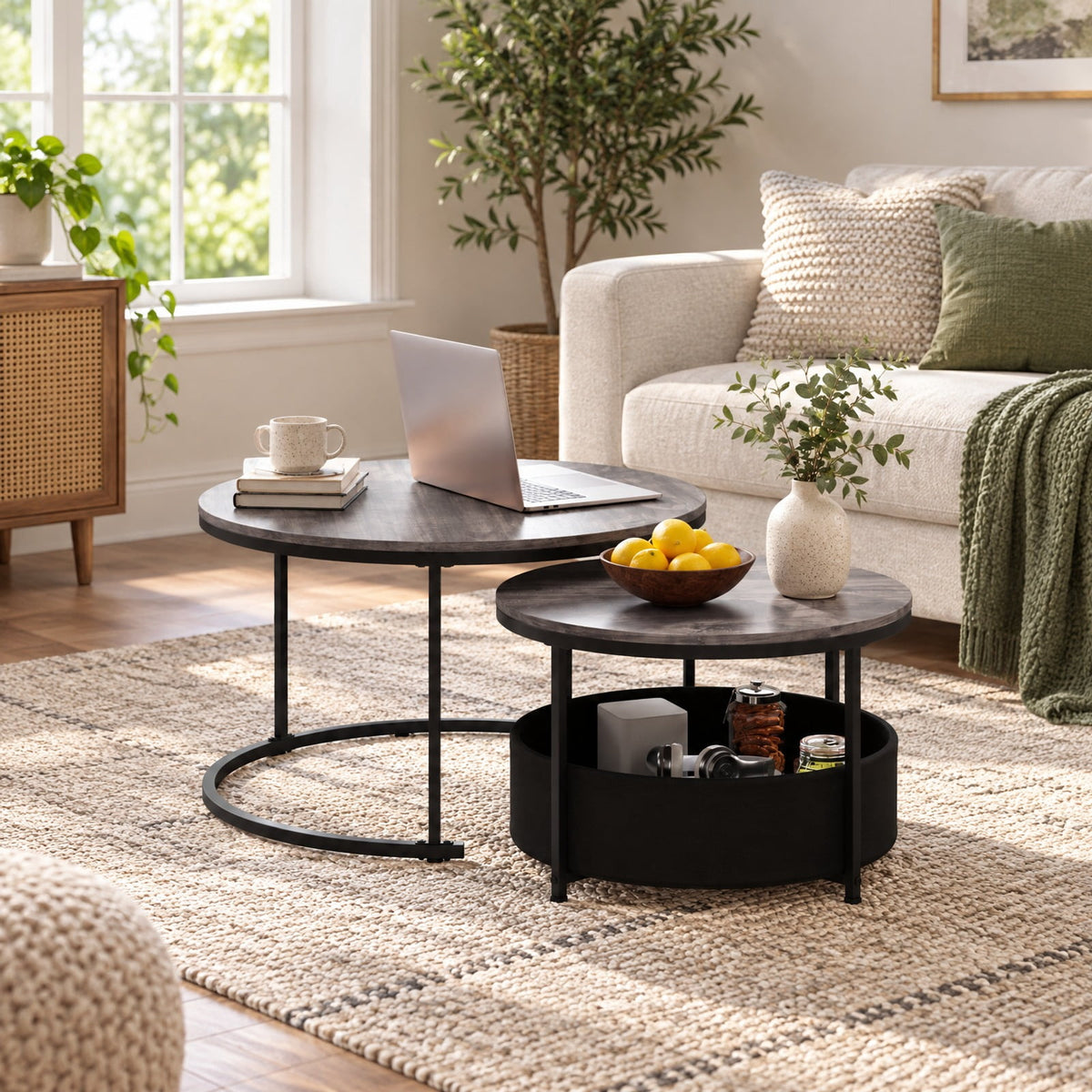 Airfind Round Coffee Table Set of 2 31.5 and 24 Circle Cocktail Table with Fabric Storage Basket, 110 lbs Capacity, 31.5 x 19 Footprint, Gray