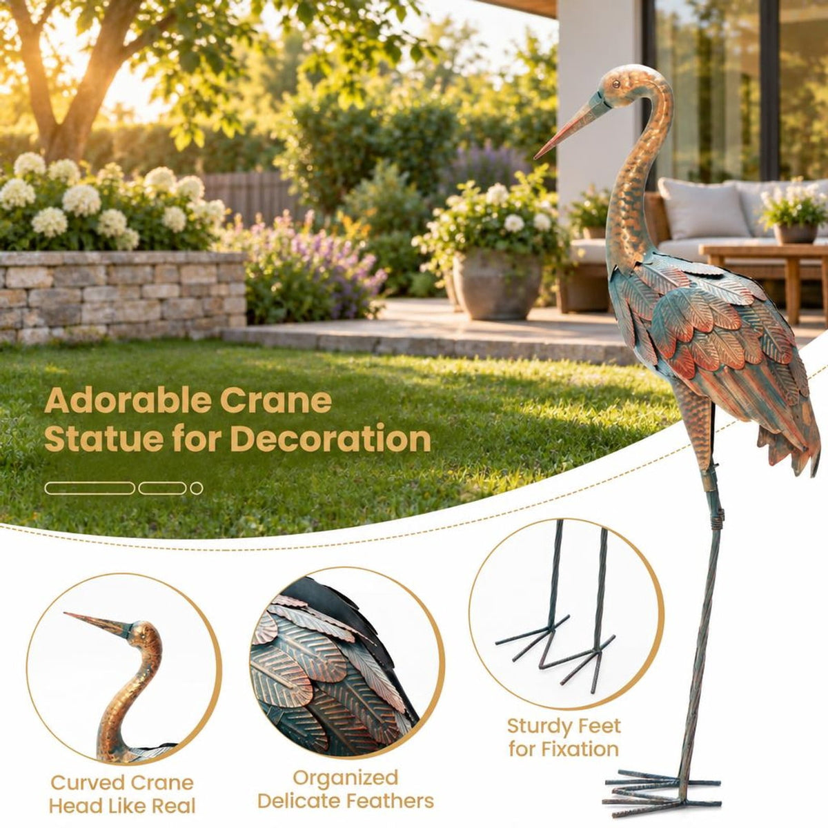Airfind Set of 2 Crane Garden Statues Standing Metal Crane Sculptures Bird, Metal Frame, 2 standing lawn sculptures in total