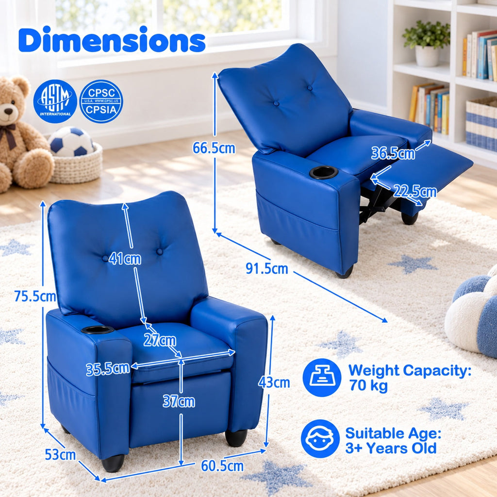 Airfind Youth Recliner featuring Cup Holder Armrests and Adjustable Backrest for Playroom, Wood Frame, 24 Inch x 21 Inch x 30 Inch Lying Footprint, Blue
