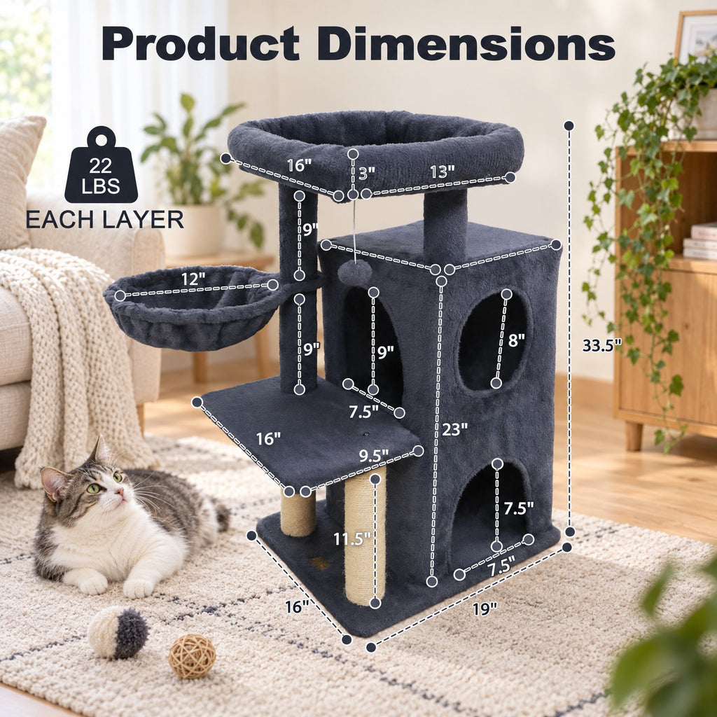Airfind 33.5 Inch Cute Kitten Tower with 2-Tier Condo and Padded Top Perch, 22 lbs Capacity, Engineered Board Sisal Plush Fabric PP Polyester Frame