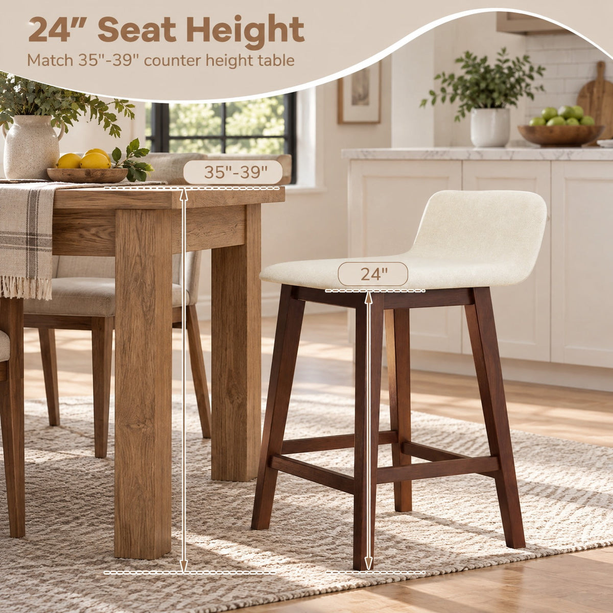 Airfind 24 Inch Counter Height Bar Stools Set of 2 with Low Back, 330 Lbs Capacity, Rubber Wood Faux Linen Sponge Plywood, Brown