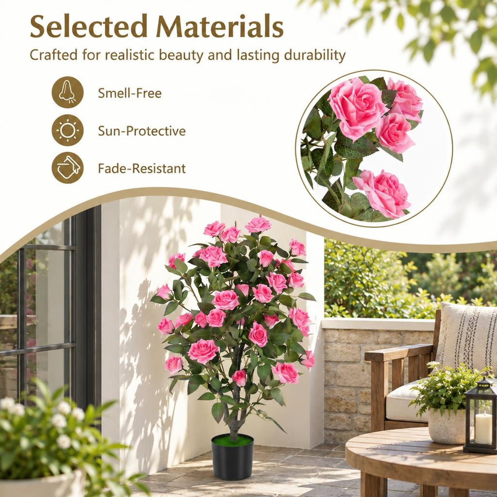 Airfind Set of 2 Artificial Rose Tree with Blooming Flowers and Green Leaves for Indoor, Silk Fabric Rubberized Fabric PE PP Tree Height 35.5 Frame
