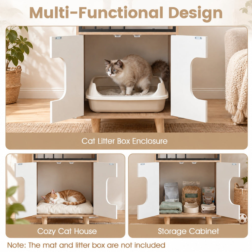 Airfind Cat Litter Box Enclosure, with Shelf and 2 Doors Wooden House, 44 lbs Capacity, Engineered Wood Rubber Wood Metal Frame, Natural