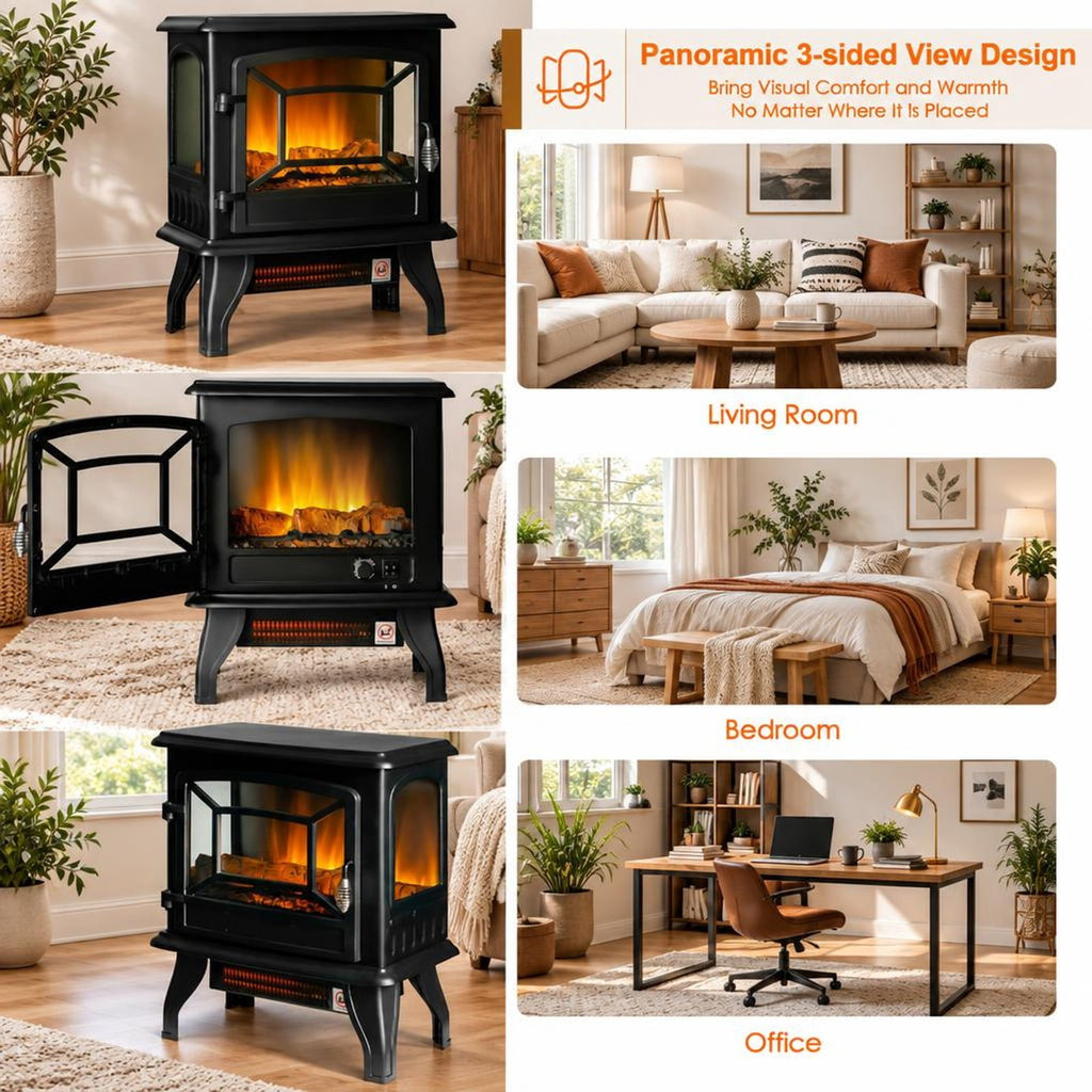 Airfind Freestanding Fireplace Heater featuring Realistic Dancing Flame Effect, 50 lbs Power Rating: 1400W Capacity, Steel Tempered Glass Frame, Black