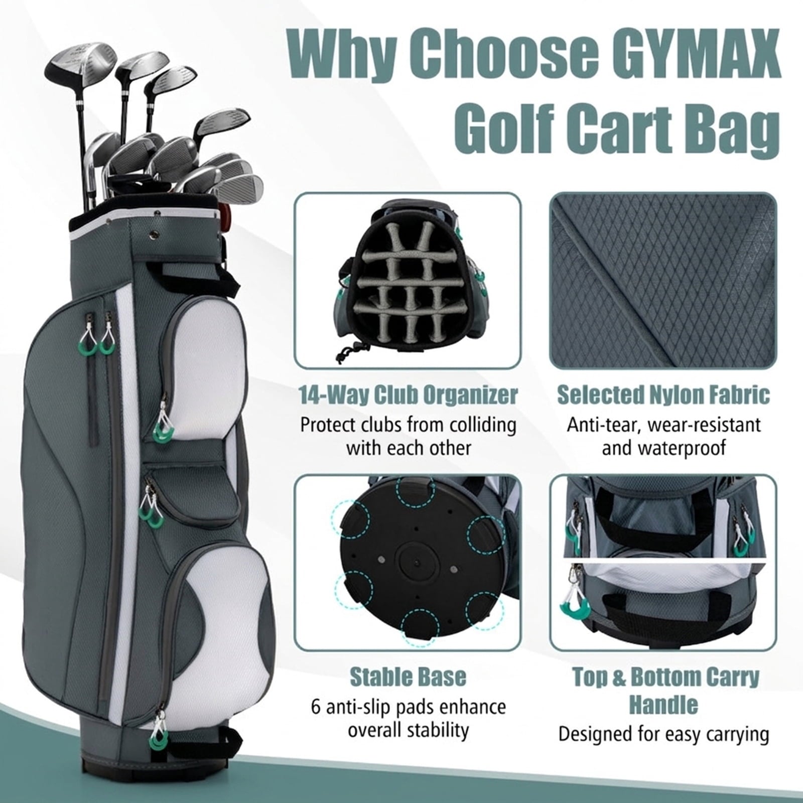 Airfind Ultra-Light 14-Way Cart Bag with Cooler Bag, 7 Pockets and Rain Hood, Gray