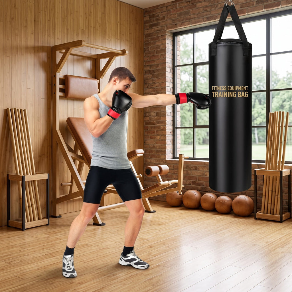 Airfind 63 lbs Filled Punching Bag Set with Boxing Gloves and Hand Wraps, Heavy Duty PVC Leather Freestanding Hanging Boxing Bag for Karate Muay Thai MMA, Black