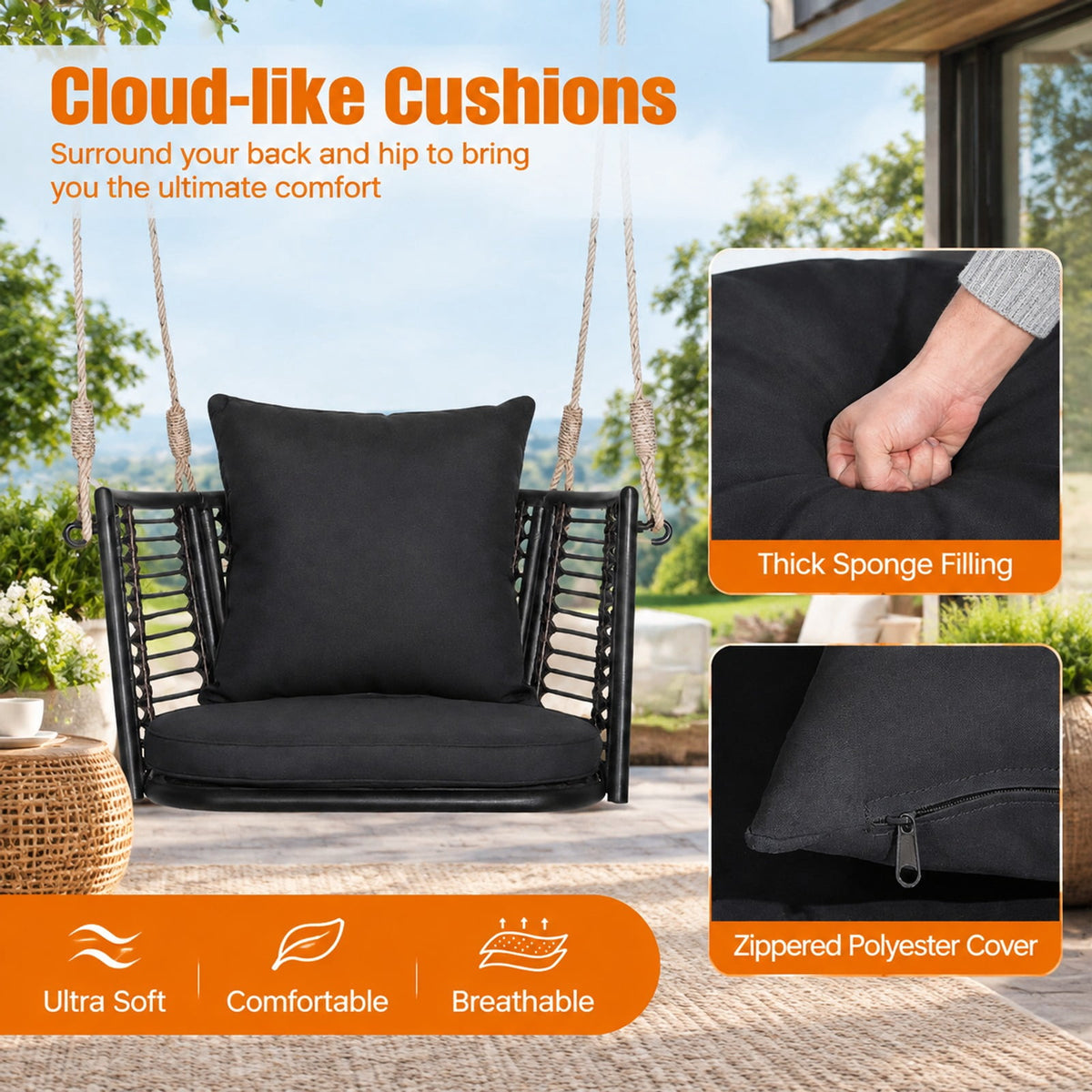 Airfind Porch Swing Patio Hanging Rattan Chair with Zippered Cushions and Rope, 400 lbs Capacity, 30.5 x 24.5 x 15 Suitable Hanging Footprint
