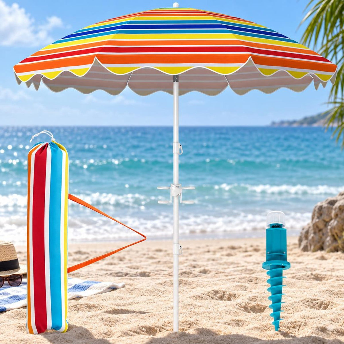Airfind 6.5 FT Beach Umbrella UPF 50+ with Sand Anchor for Garden Pool, Polyester Fabric Metal Aluminum Alloy PP Frame, Blue Stripe