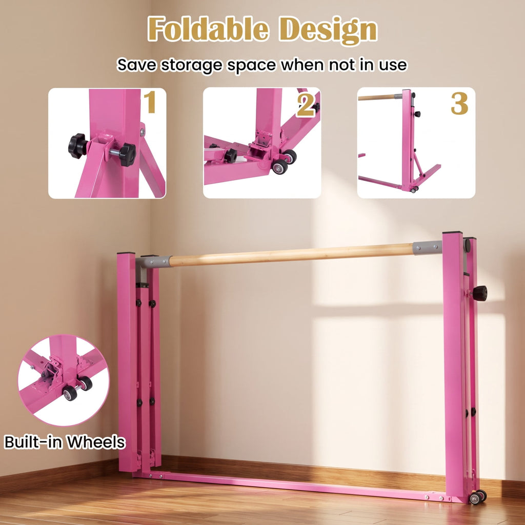 Airfind Foldable Gymnastics Bar for Kids with 3 Level Adjustable Height and Bamboo Grip Bar for Home Balance and Coordination Training, Pink