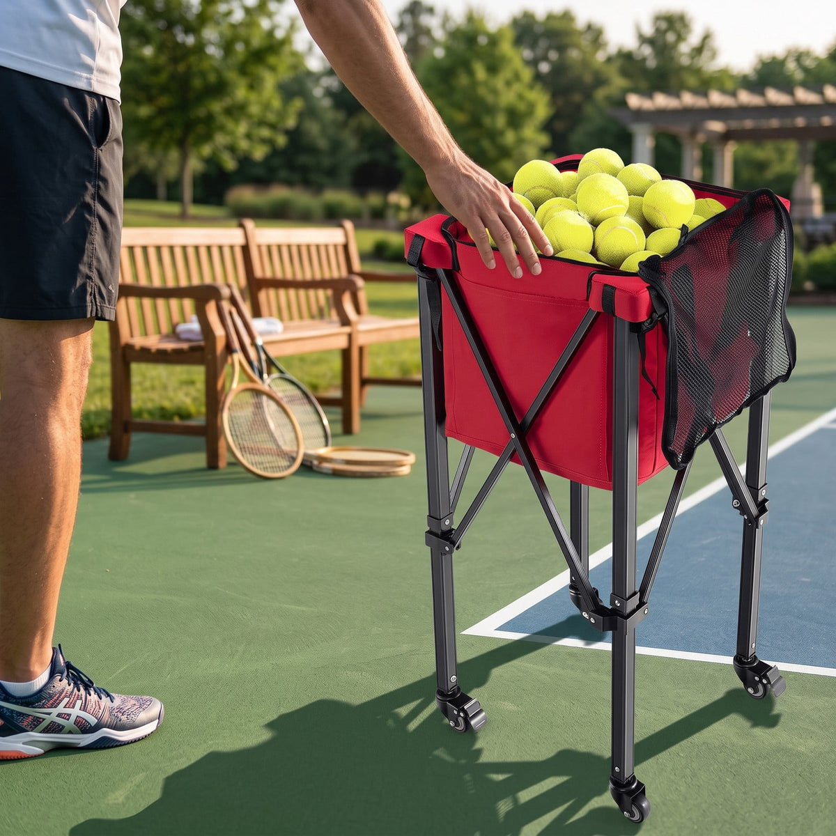 Airfind Foldable Tennis Ball Cart with Wheels and Removable Bag, Lightweight Aluminum Teaching Hopper Holds 150 Balls for Tennis Pickleball Badminton, Red