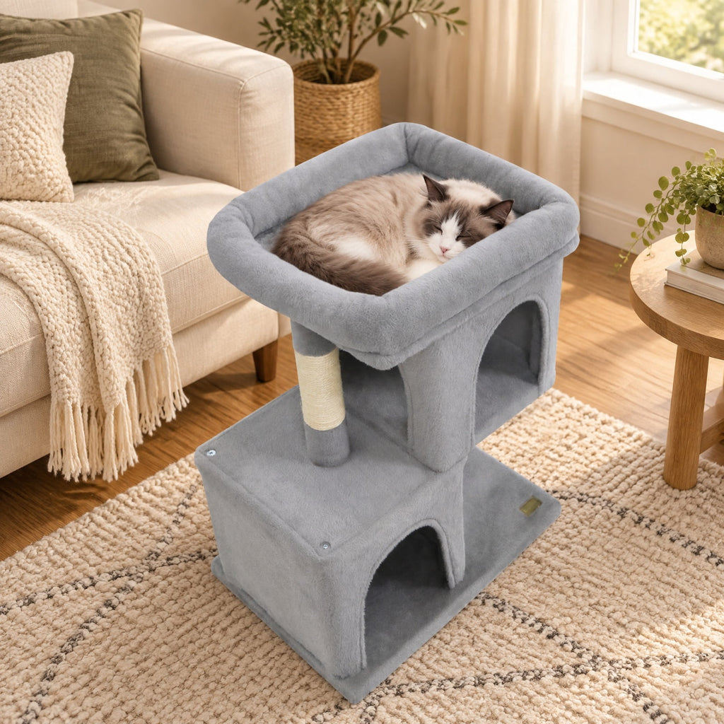 Airfind Modern Cat Tree Space-saving Cat Tower with Upholstered Perch and 2 Cat Condos, 22 lbs Capacity, 24 x 16 x 25.5 Condo Footprint, Beige