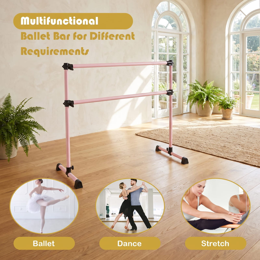 Airfind 4 Feet Double Ballet Barre with Adjustable Height and Anti Skid Pads for Home Dance Studio Stretching and Practice, Pink