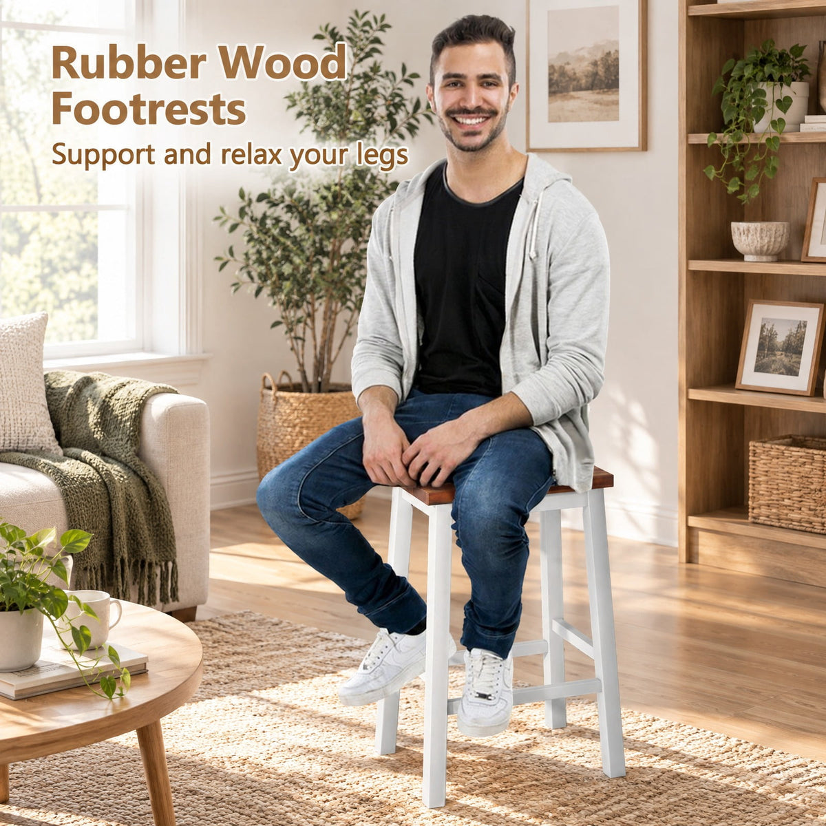 Airfind 24.5-Inch Set of 2 Saddle Stools Bar Stools with Footrests for Kitchen Island-Walnut and Gray, 350 lbs Capacity, Rubber Wood Acacia Wood Frame