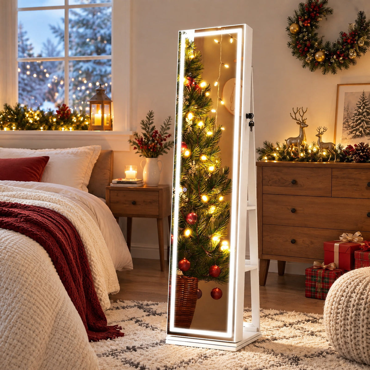 Airfind 360° Swivel Freestanding Jewelry Cabinet with Lighted Full Length Mirror, MDF Frame, White, Open storage shelves for easy reach