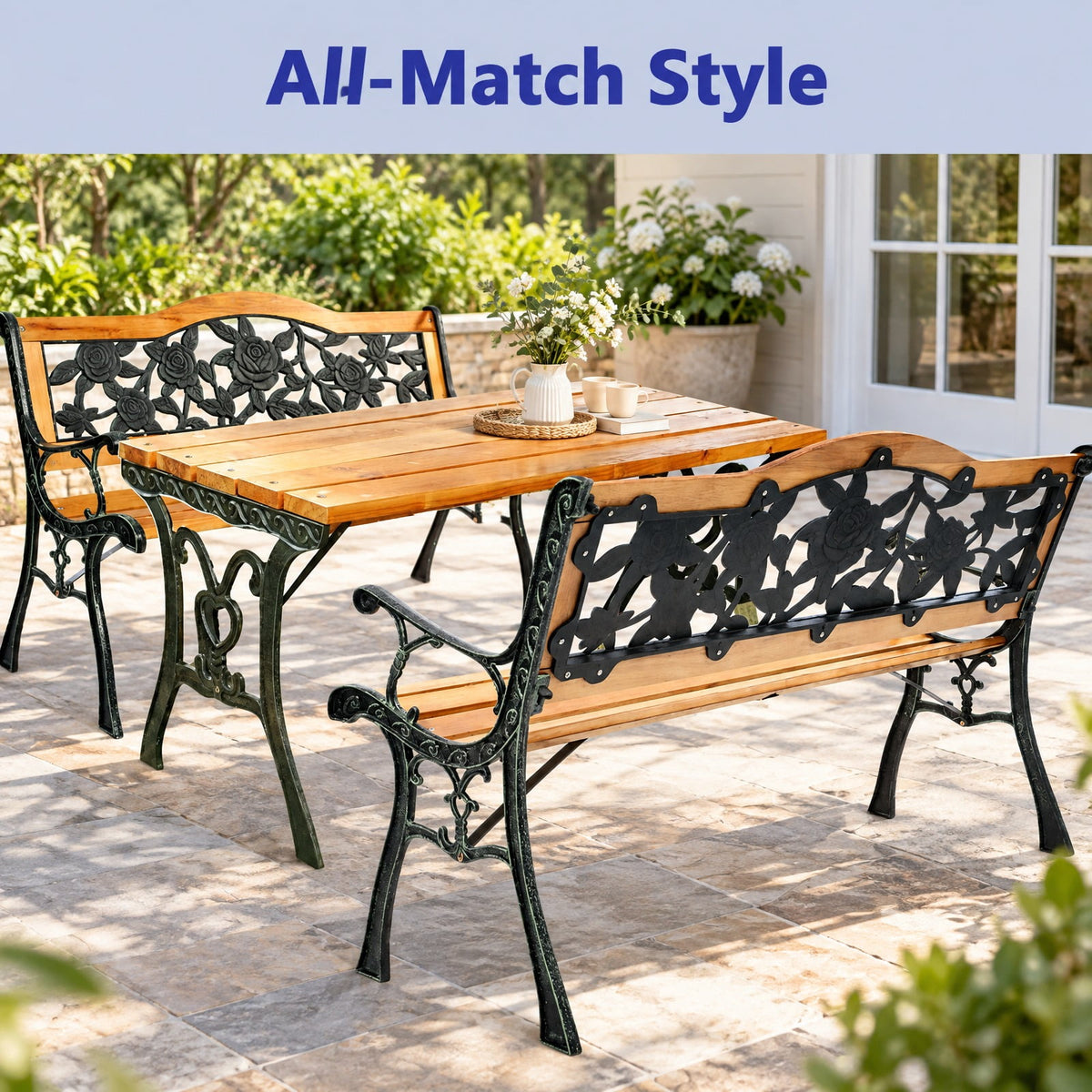 Airfind Garden Bench Chair Outdoor Wooden Loveseat with Iron Armrest, 463 lbs Capacity, Cast Iron Frame, Black + Natural
